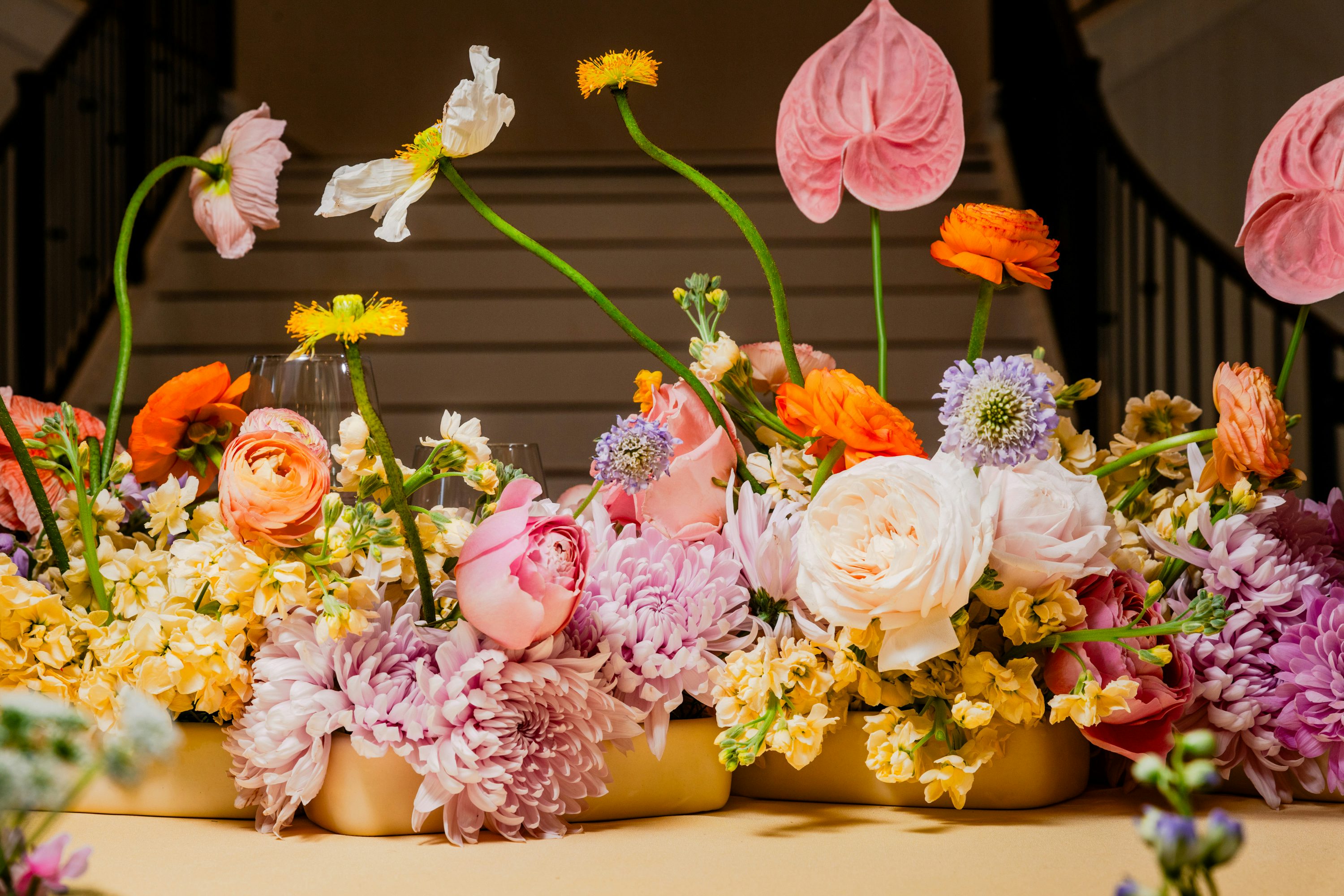 Colorful floral design at a wedding celebration